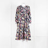 Max & Co Navy Yellow Blue Floral Frill Trim Long Sleeve Dress