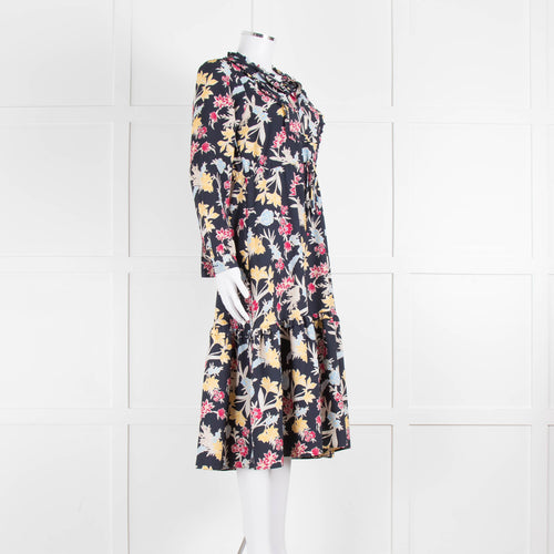 Max & Co Navy Yellow Blue Floral Frill Trim Long Sleeve Dress