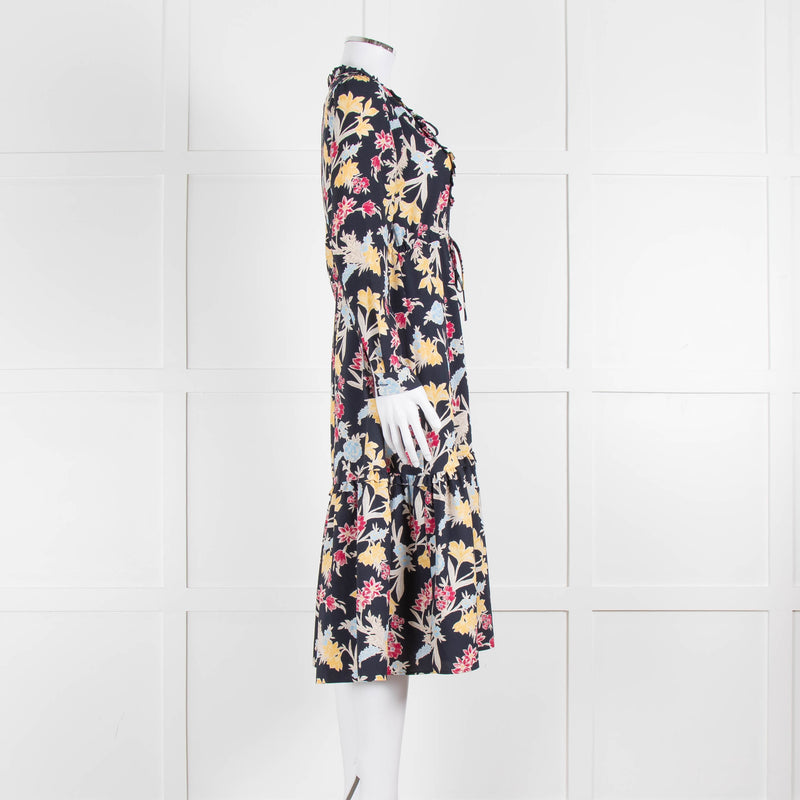Max & Co Navy Yellow Blue Floral Frill Trim Long Sleeve Dress