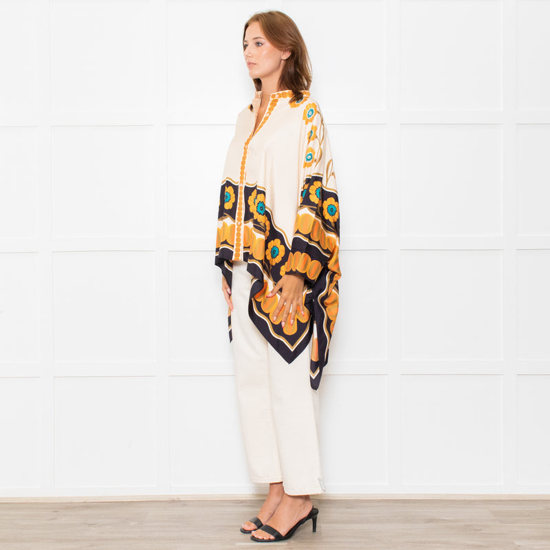 La Double J Cream Black Orange Silk Flower Print Wide Shirt