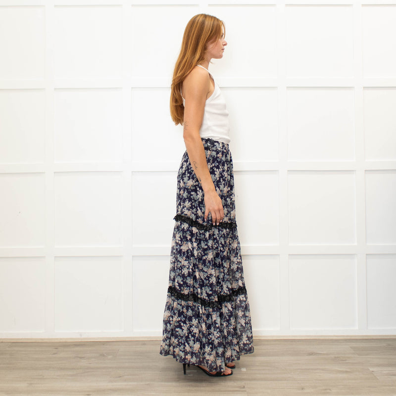 Ridley Navy White Floral Print Elasticated Waist Skirt