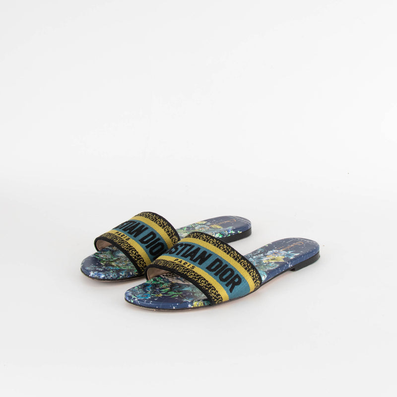 Christian Dior Navy Yellow Dway Cotton Flat Slide Shoes