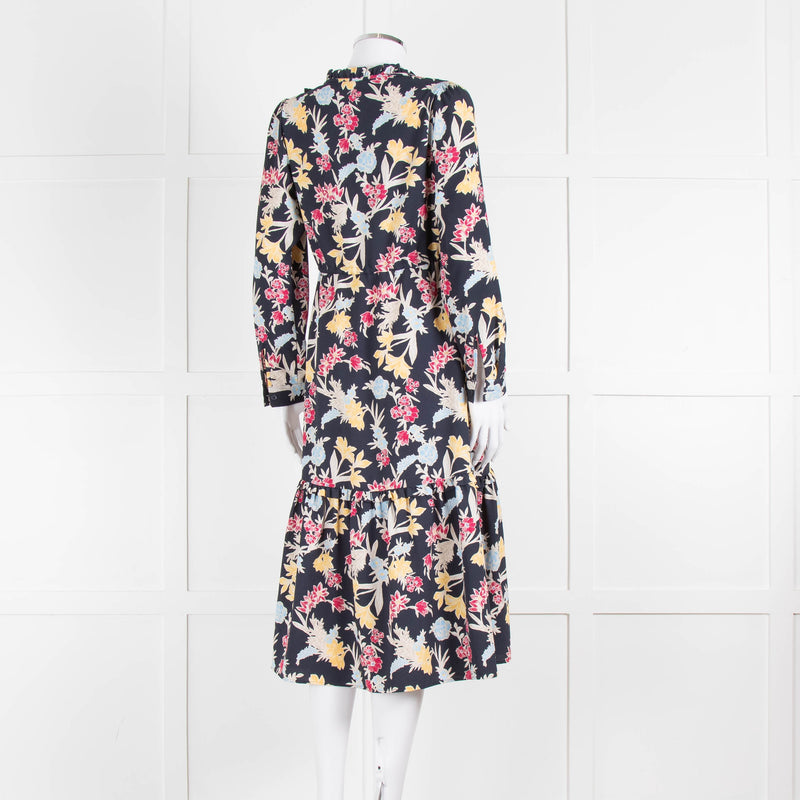 Max & Co Navy Yellow Blue Floral Frill Trim Long Sleeve Dress