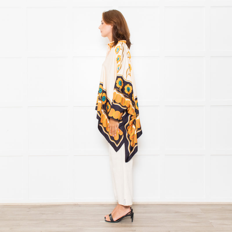 La Double J Cream Black Orange Silk Flower Print Wide Shirt