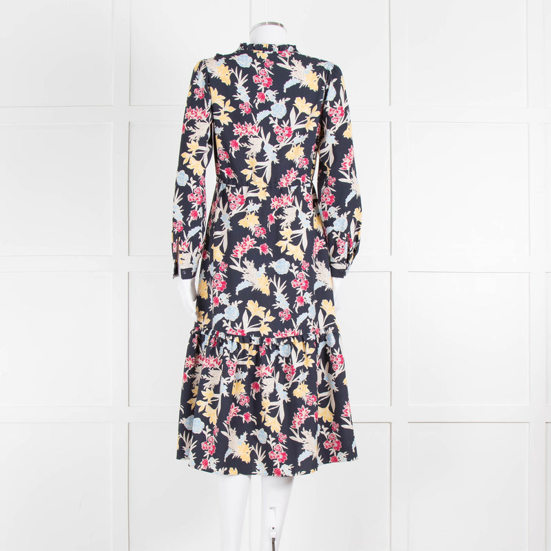 Max & Co Navy Yellow Blue Floral Frill Trim Long Sleeve Dress