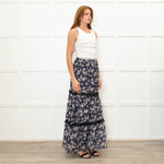 Ridley Navy White Floral Print Elasticated Waist Skirt
