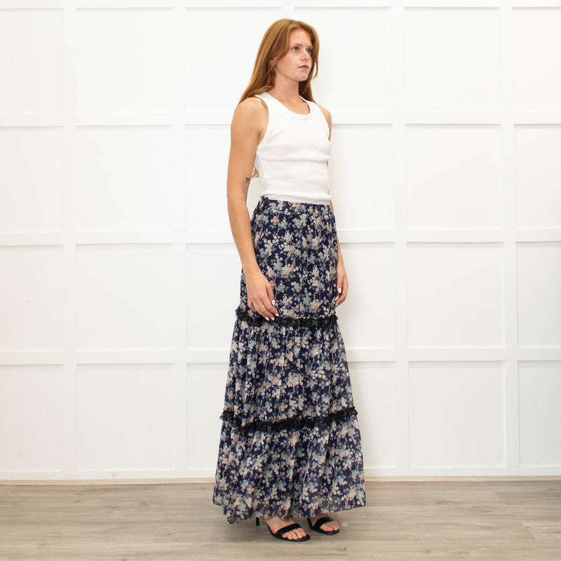 Ridley Navy White Floral Print Elasticated Waist Skirt