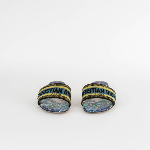Christian Dior Navy Yellow Dway Cotton Flat Slide Shoes