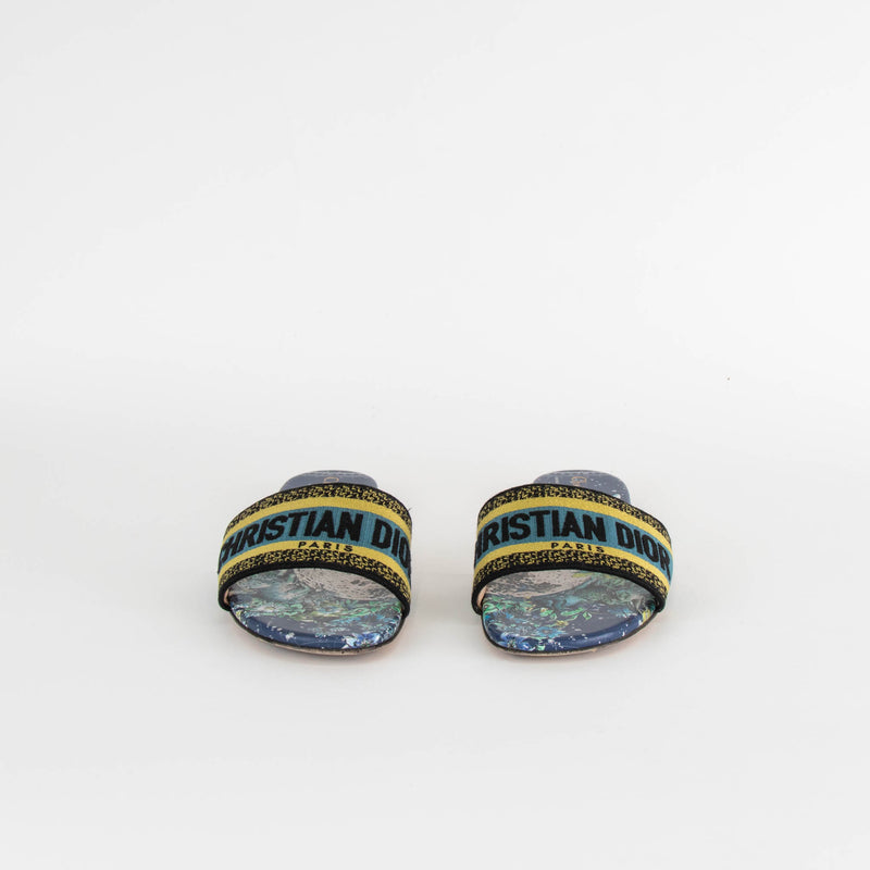 Christian Dior Navy Yellow Dway Cotton Flat Slide Shoes