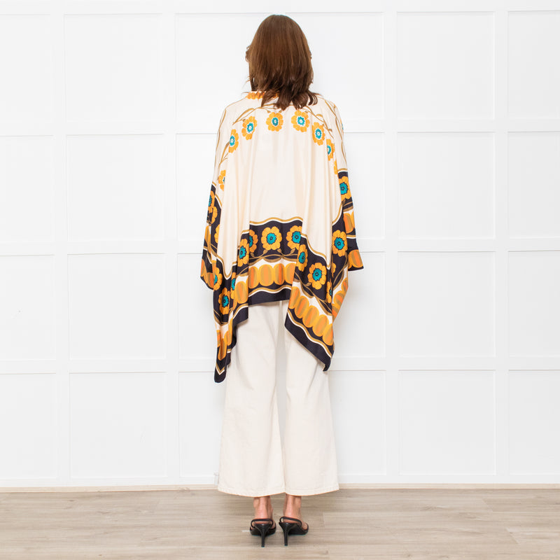 La Double J Cream Black Orange Silk Flower Print Wide Shirt