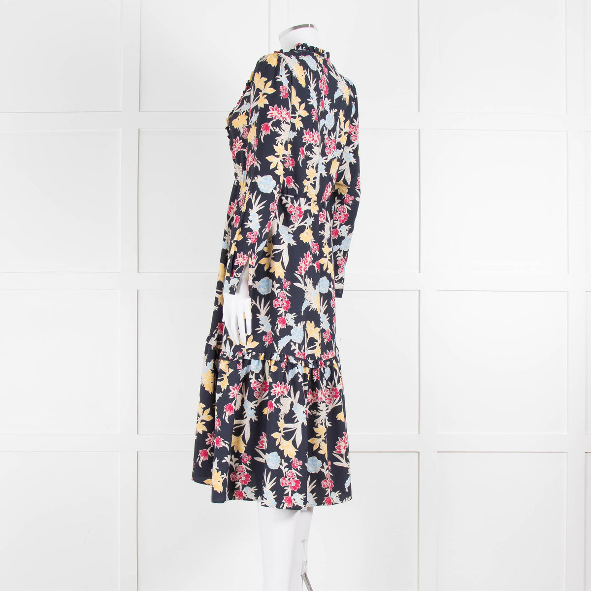 Max & Co Navy Yellow Blue Floral Frill Trim Long Sleeve Dress