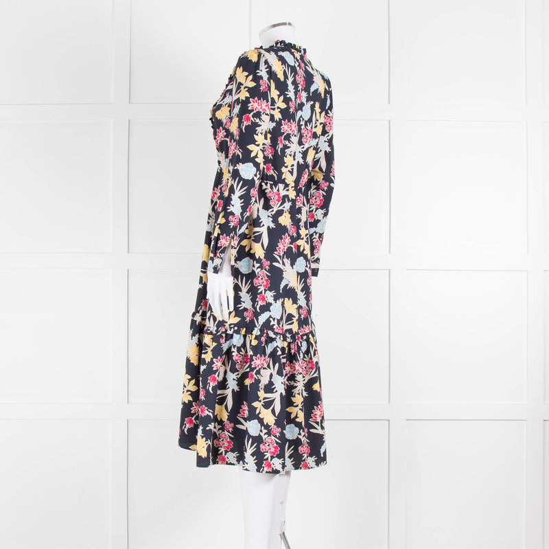 Max & Co Navy Yellow Blue Floral Frill Trim Long Sleeve Dress
