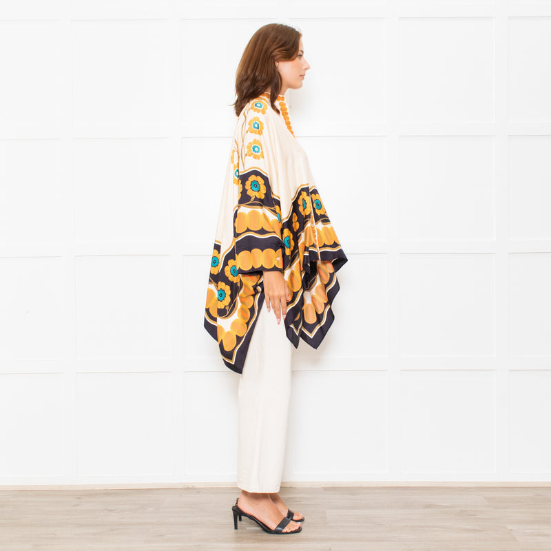 La Double J Cream Black Orange Silk Flower Print Wide Shirt