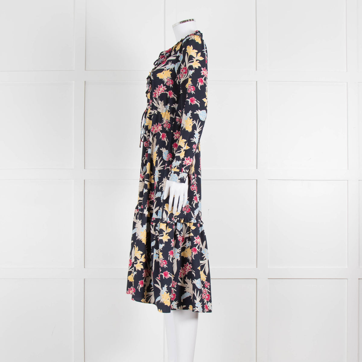 Max & Co Navy Yellow Blue Floral Frill Trim Long Sleeve Dress