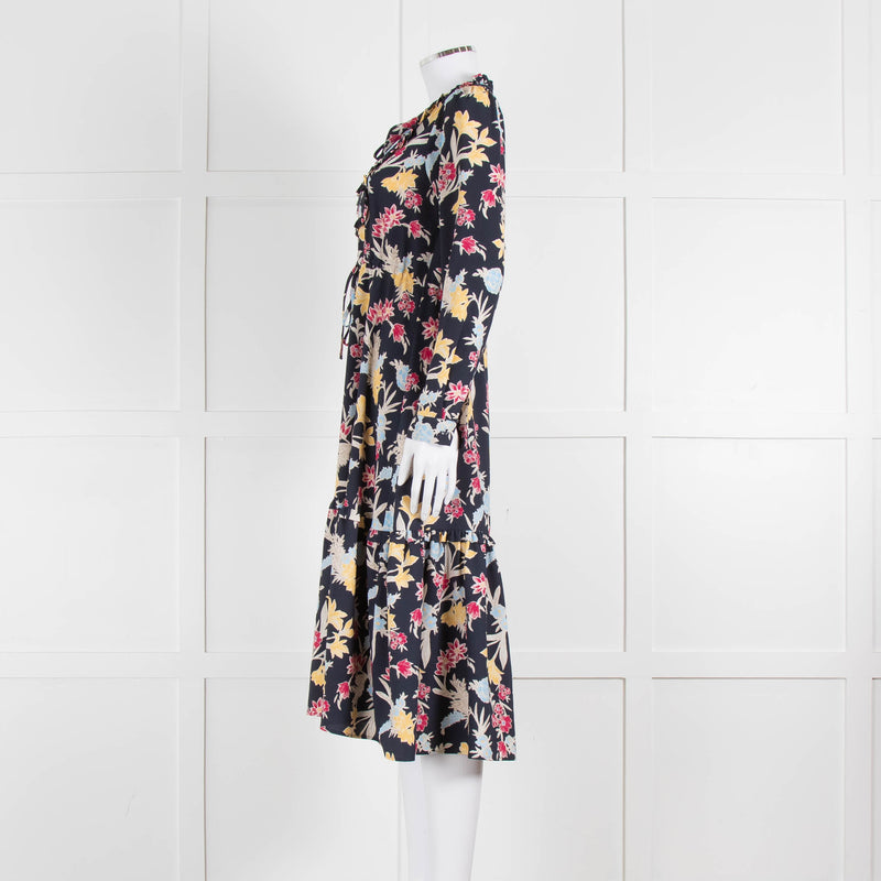 Max & Co Navy Yellow Blue Floral Frill Trim Long Sleeve Dress