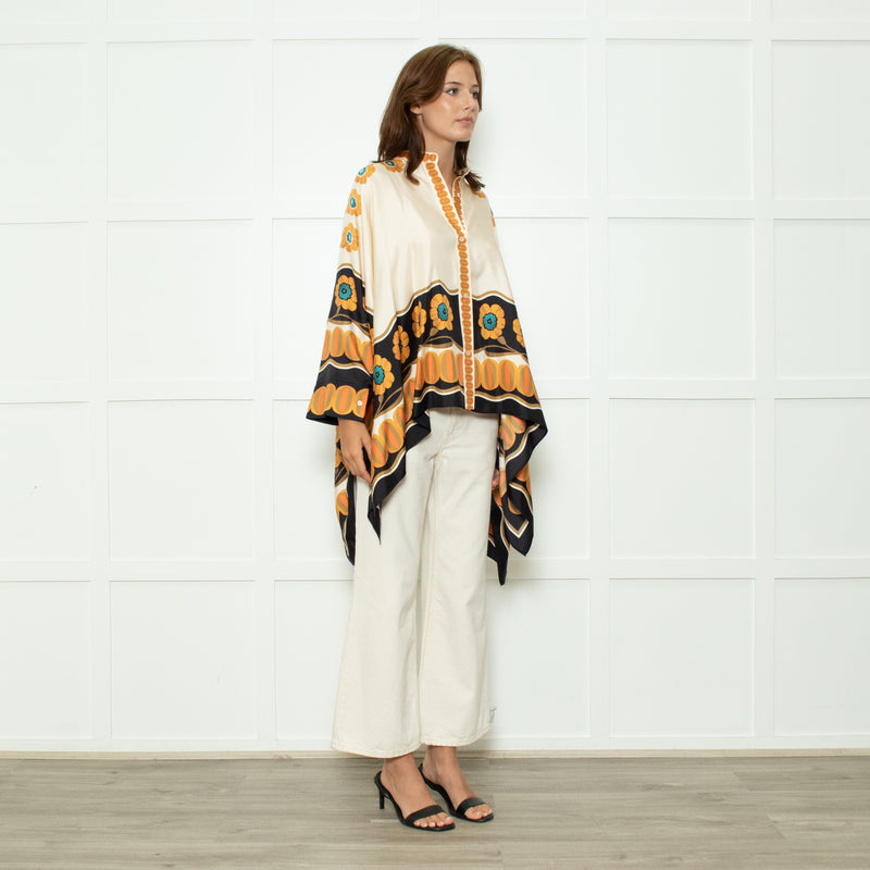 La Double J Cream Black Orange Silk Flower Print Wide Shirt
