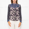 Rebecca Taylor Black Grey Pink Floral Back Buttons Frill Detail Top