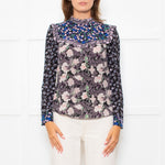 Rebecca Taylor Black Grey Pink Floral Back Buttons Frill Detail Top