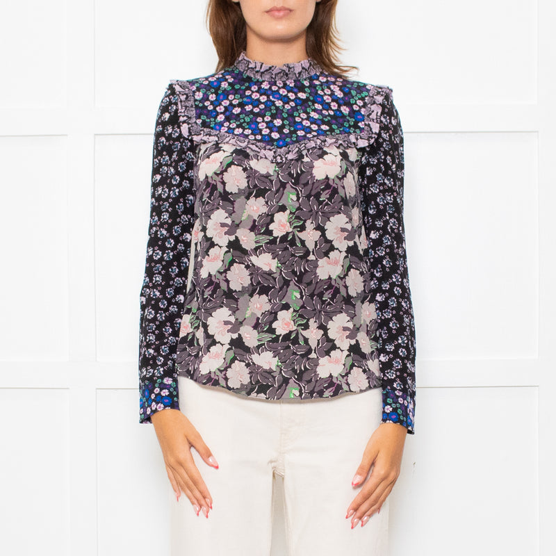 Rebecca Taylor Black Grey Pink Floral Back Buttons Frill Detail Top
