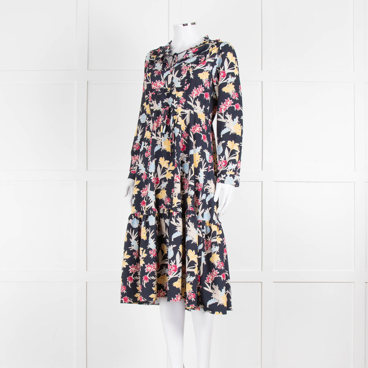 Max & Co Navy Yellow Blue Floral Frill Trim Long Sleeve Dress