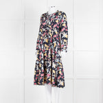 Max & Co Navy Yellow Blue Floral Frill Trim Long Sleeve Dress