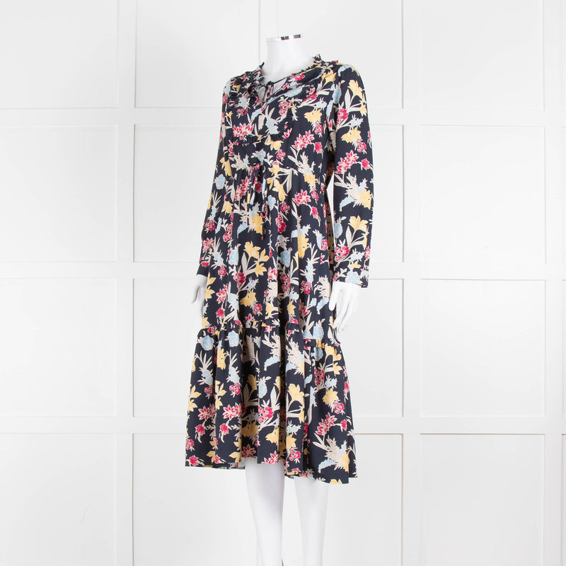 Max & Co Navy Yellow Blue Floral Frill Trim Long Sleeve Dress