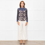 Rebecca Taylor Black Grey Pink Floral Back Buttons Frill Detail Top