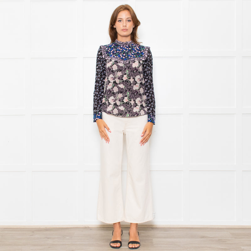 Rebecca Taylor Black Grey Pink Floral Back Buttons Frill Detail Top