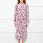 Sezane White Burgundy Floral Long Sleeve Belted Dress
