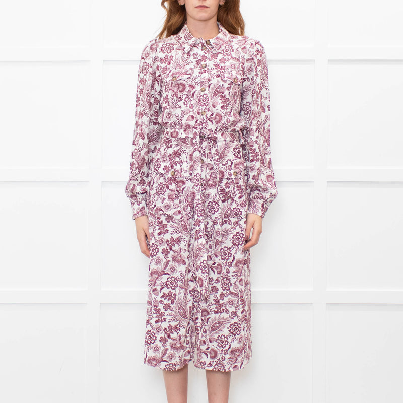 Sezane White Burgundy Floral Long Sleeve Belted Dress