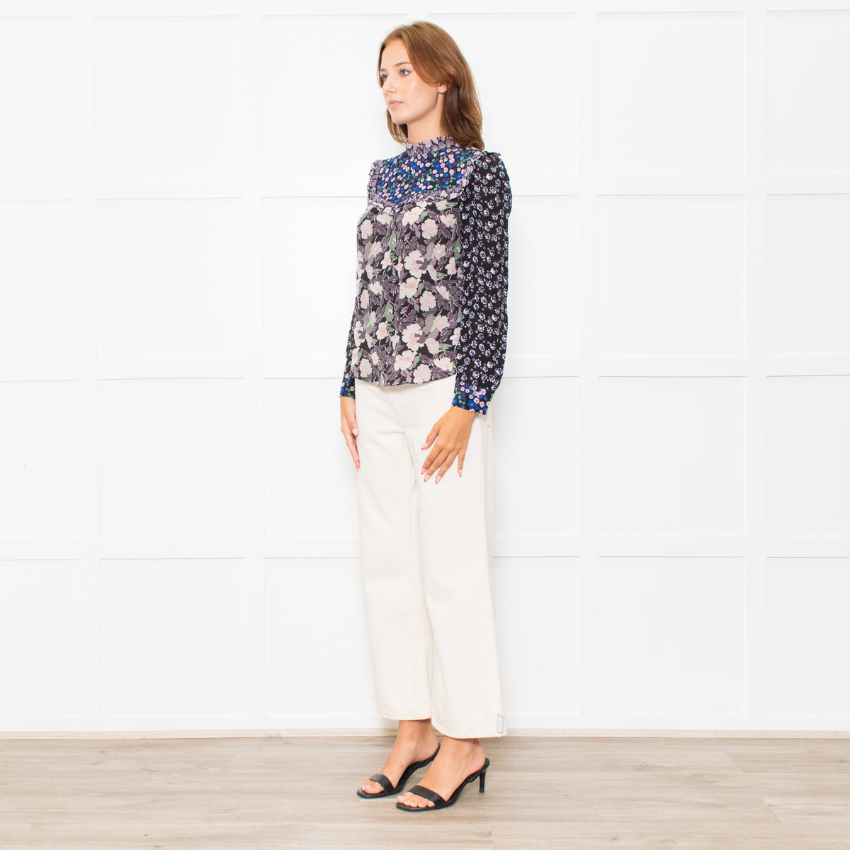 Rebecca Taylor Black Grey Pink Floral Back Buttons Frill Detail Top