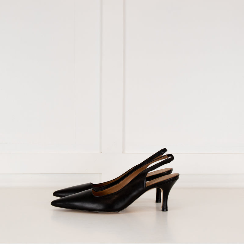 Flattered Black Leather Pointy Slingbacks