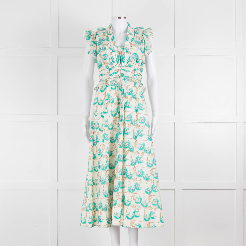 ME + EM Cream Turquoise Floral Frill Trim Cotton Dress