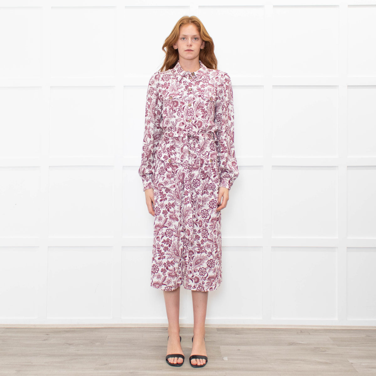 Sezane White Burgundy Floral Long Sleeve Belted Dress