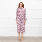 Sezane White Burgundy Floral Long Sleeve Belted Dress
