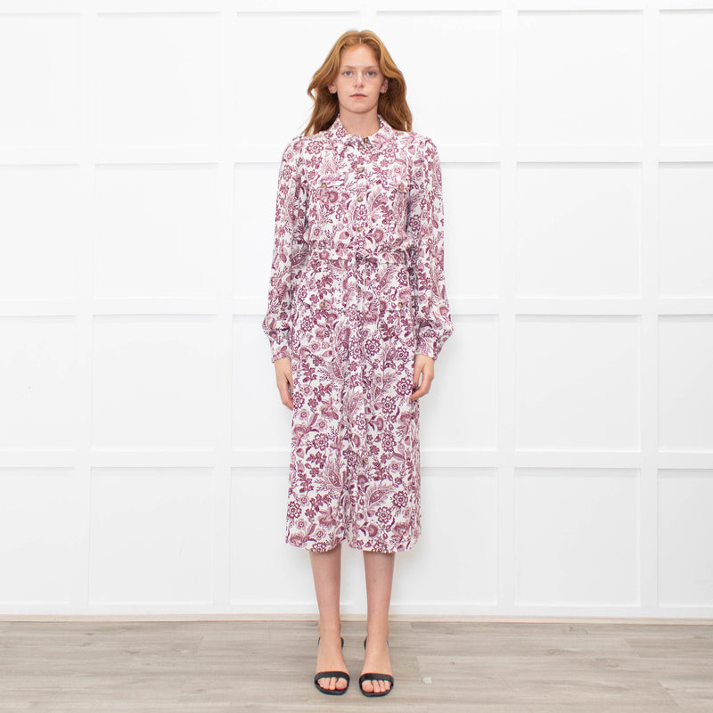 Sezane White Burgundy Floral Long Sleeve Belted Dress