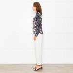Rebecca Taylor Black Grey Pink Floral Back Buttons Frill Detail Top