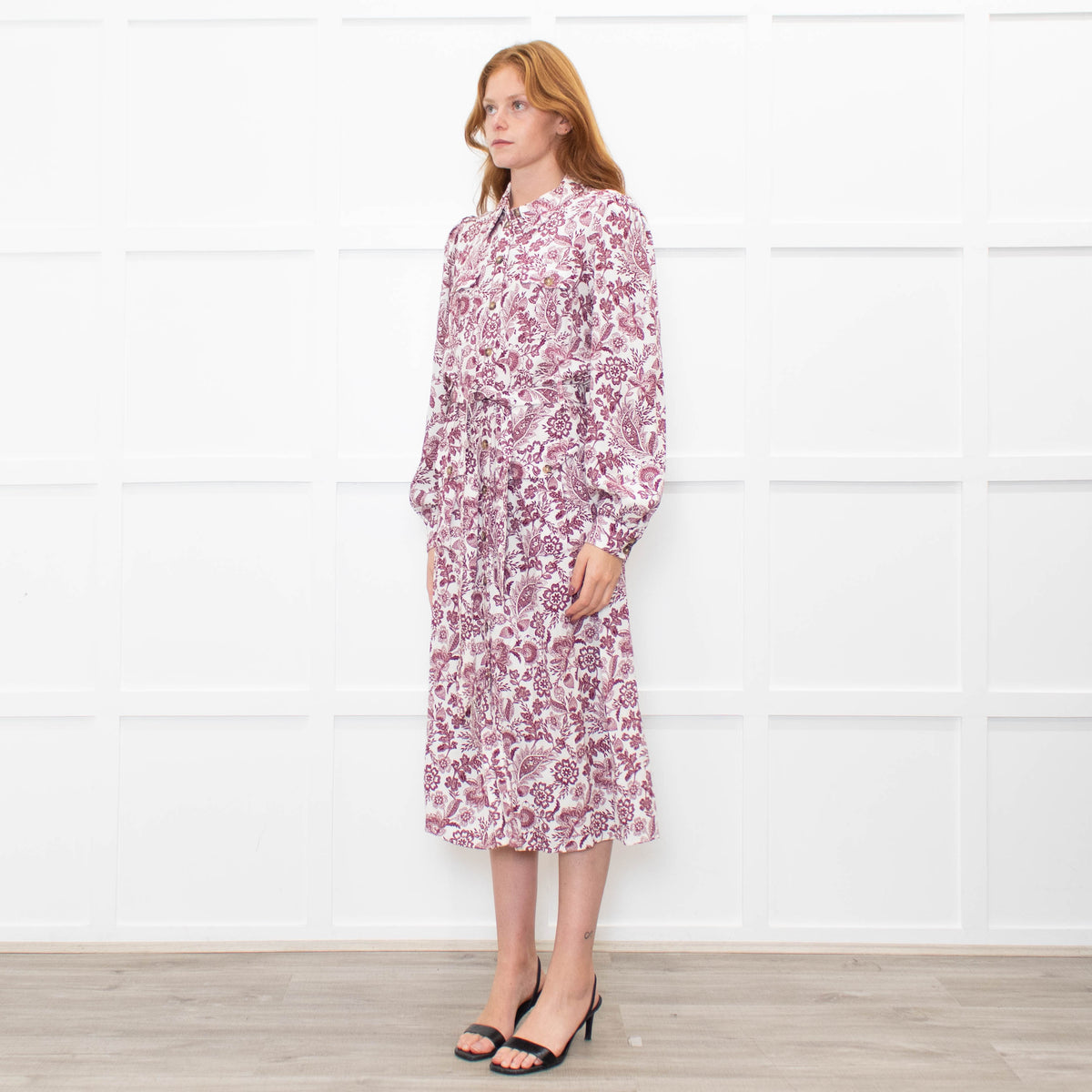 Sezane White Burgundy Floral Long Sleeve Belted Dress