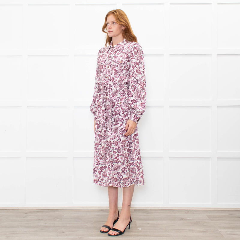 Sezane White Burgundy Floral Long Sleeve Belted Dress