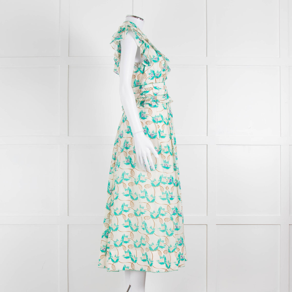 ME + EM Cream Turquoise Floral Frill Trim Cotton Dress