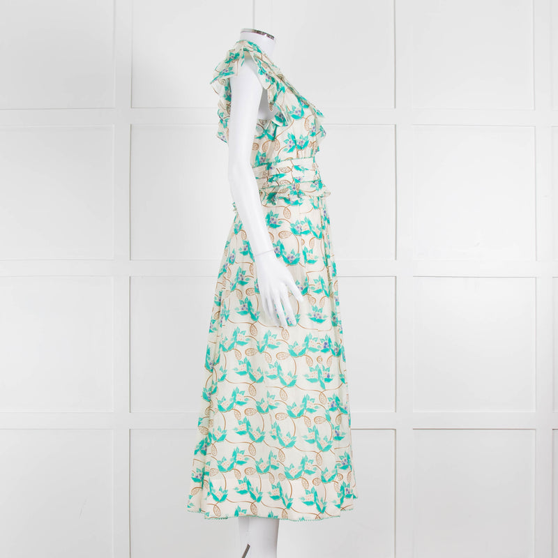 ME + EM Cream Turquoise Floral Frill Trim Cotton Dress