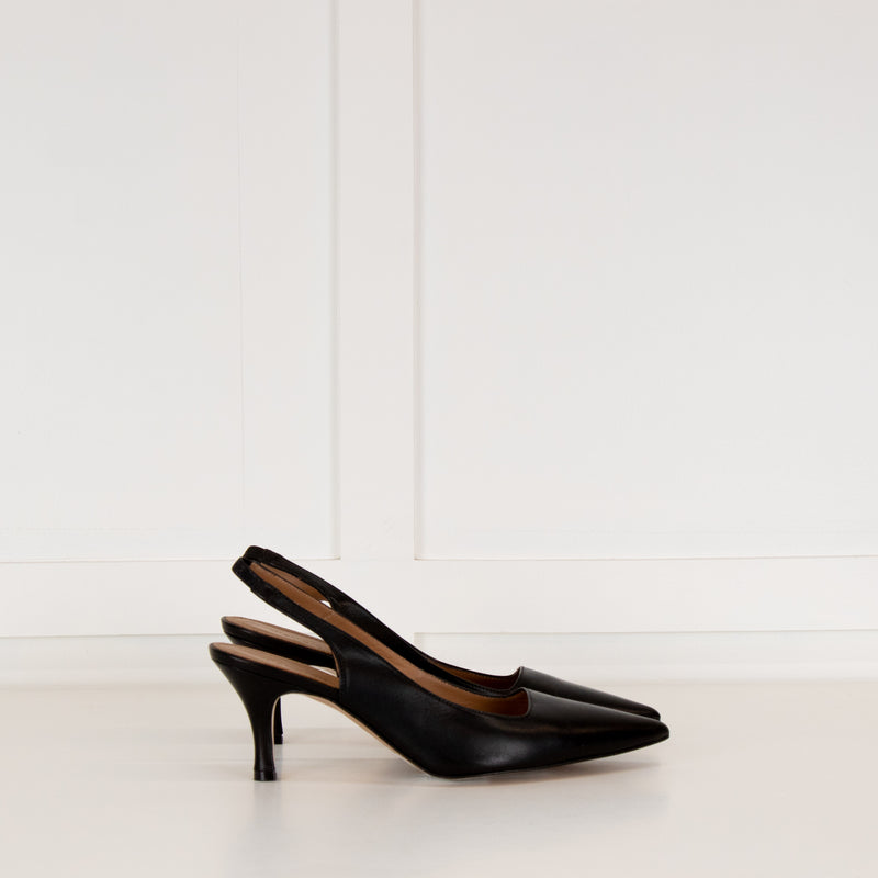 Flattered Black Leather Pointy Slingbacks