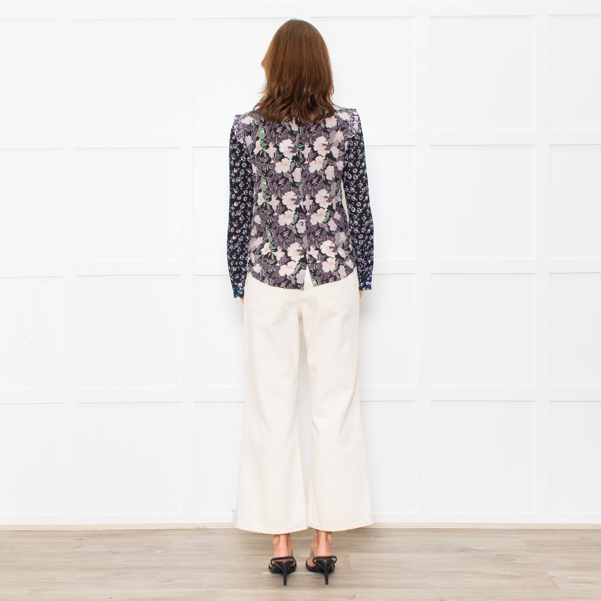 Rebecca Taylor Black Grey Pink Floral Back Buttons Frill Detail Top