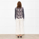 Rebecca Taylor Black Grey Pink Floral Back Buttons Frill Detail Top
