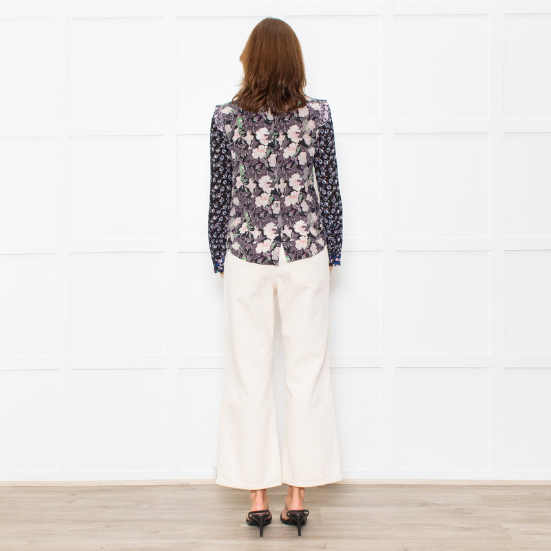 Rebecca Taylor Black Grey Pink Floral Back Buttons Frill Detail Top