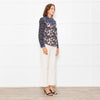 Rebecca Taylor Black Grey Pink Floral Back Buttons Frill Detail Top