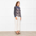Rebecca Taylor Black Grey Pink Floral Back Buttons Frill Detail Top