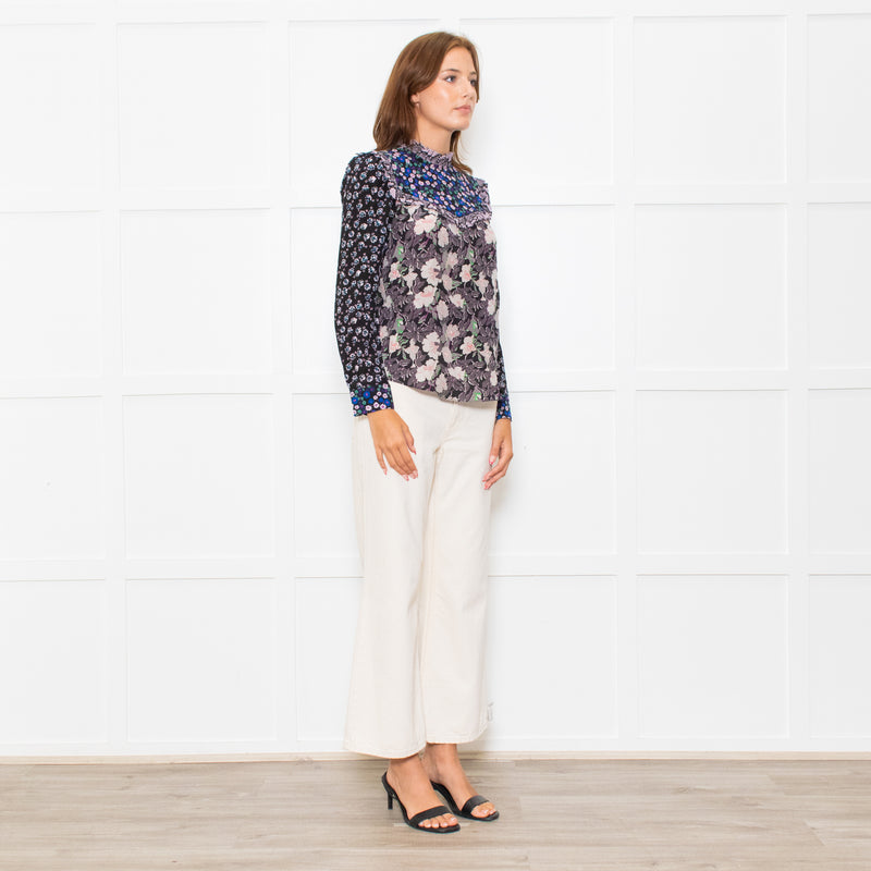 Rebecca Taylor Black Grey Pink Floral Back Buttons Frill Detail Top