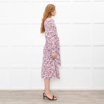 Sezane White Burgundy Floral Long Sleeve Belted Dress