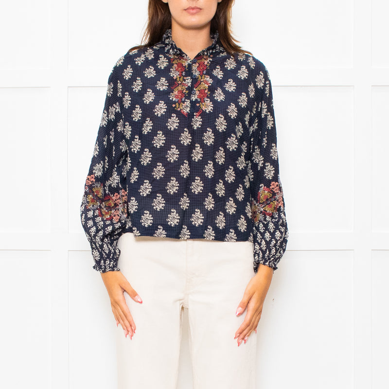 Vanessa Bruno Navy White Print Embroidered Top